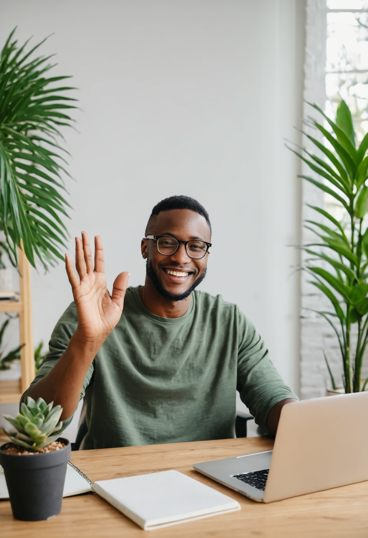 00138-African American male, smiling, waving, eyeglasses, casual clothing, sitting at desk, laptop, home office, indoor, daylight, not.png